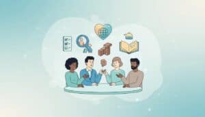 Illustration of a diverse team collaborating with abstract HR concepts like hiring, policies, training, compliance, and employee engagement.