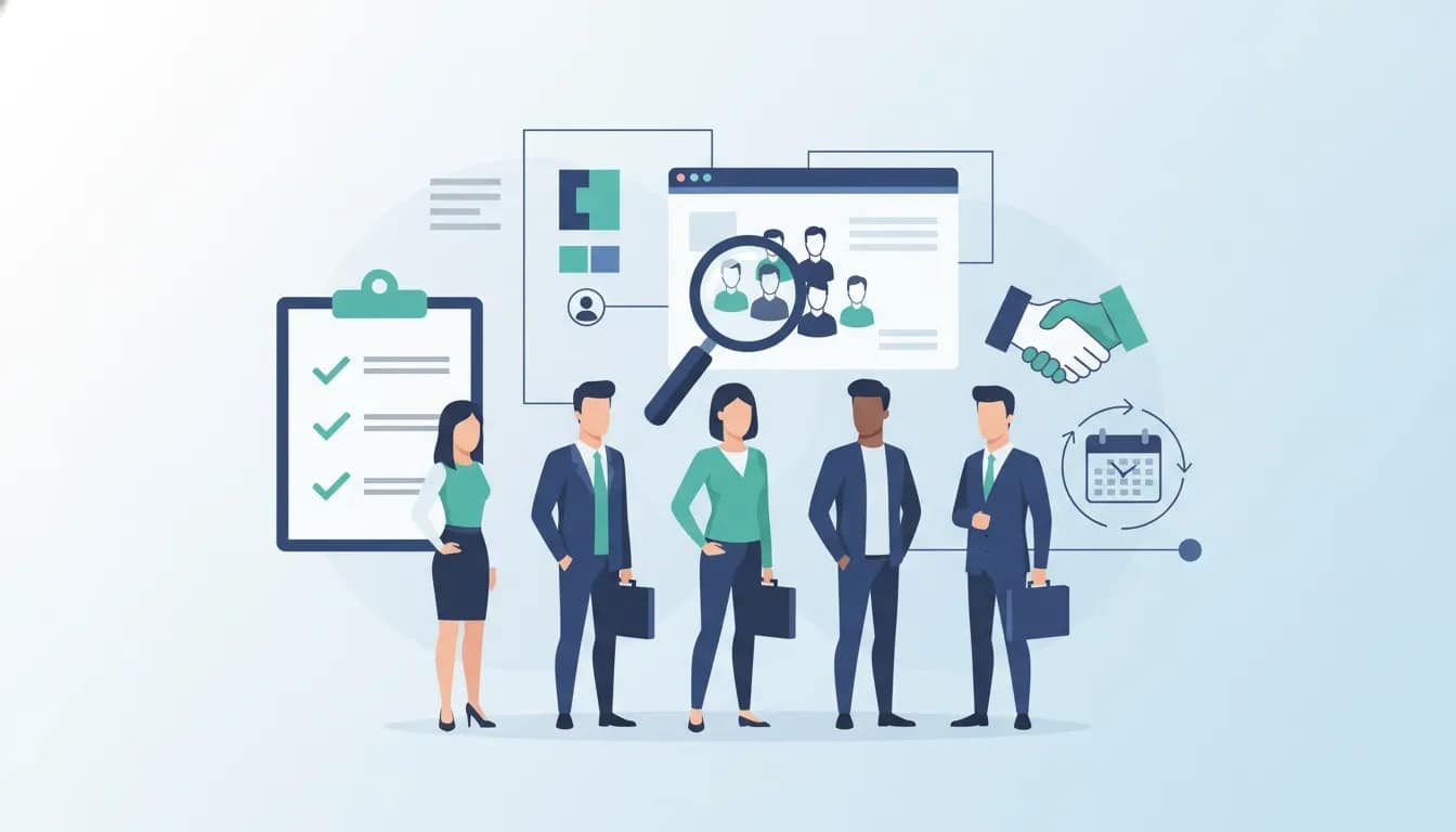 Illustration of fresh graduates starting an HR career with icons for hiring, checklists, and employee management concepts