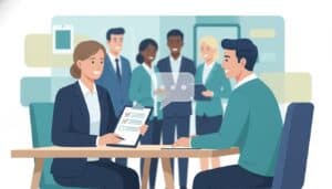 Illustration of an HR recruiter interviewing a candidate, symbolizing HR interview preparation and workplace communication with icons and no text.