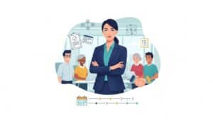 Illustration of an HR manager collaborating with a diverse team, with visual icons representing recruitment, employee support, compliance, and a career roadmap.