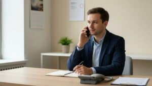 Person in business attire conducting a professional telephone interview at a desk with a notepad and resume.
