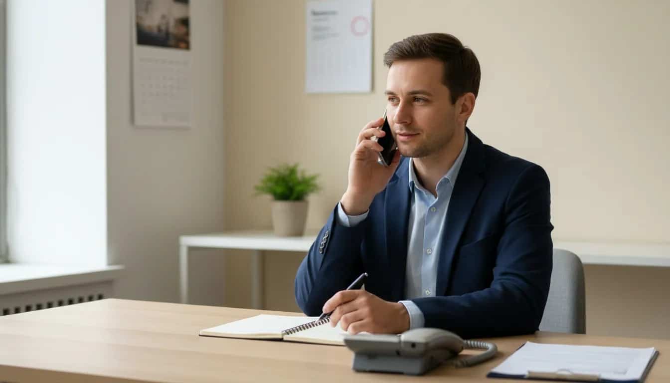 Person in business attire conducting a professional telephone interview at a desk with a notepad and resume.