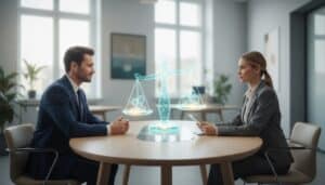 Professional salary negotiation scene in a modern office with a balanced scale and upward arrow motif, illustrating confident pay discussion without any text.